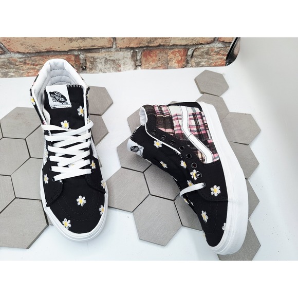 Vans Womens Sk8 Hi Floral Plaid Patchwork Flower Old Skool Sz 8.5 Black White - Picture 11 of 12